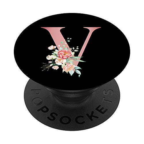 Blush Letter V Monogram Initial Rose Pink Floral on Black PopSockets Grip and Stand for Phones and Tablets