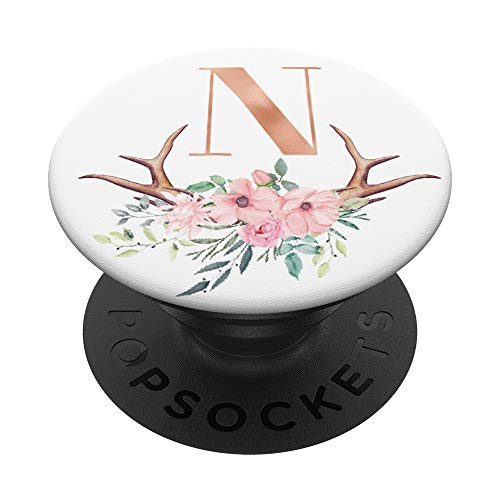 Antlers Pink Flowers Rose Monogram Initial Letter N PopSockets Grip and Stand for Phones and Tablets