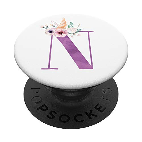 Unicorn Purple Floral Alphabet Monogram Initial Letter N PopSockets Grip and Stand for Phones and Tablets