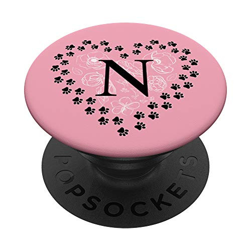 Initial N Letter Monogram Heart  and  Flowers Dog Cat Paw Print PopSockets Grip and Stand for Phones and Tablets