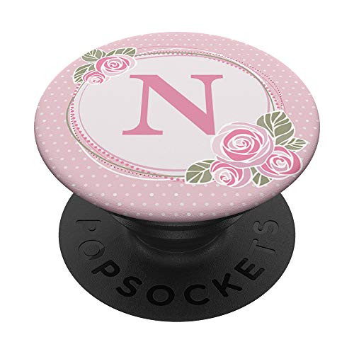 Letter N Gift Vintage Pink Floral Monogram Initial N PopSockets Grip and Stand for Phones and Tablets