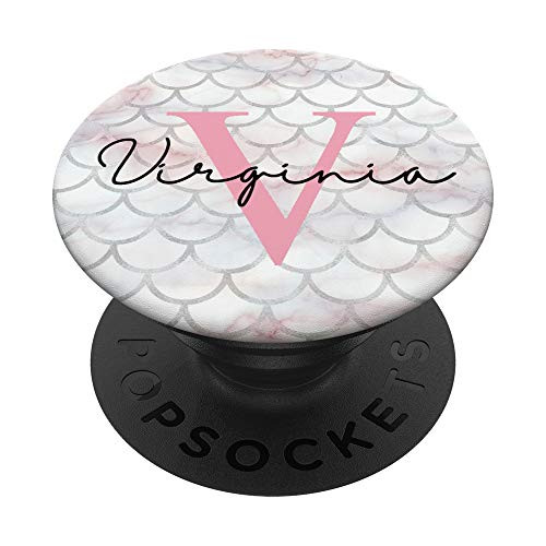 Virginia Name Letter V Mermaid Scales on Rose Pink PopSockets Grip and Stand for Phones and Tablets
