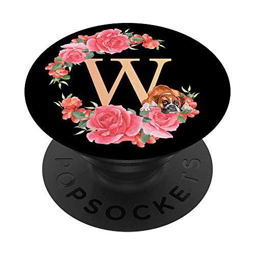 Boxer Dog Monogram W Initial Letter Rose Pink Floral PopSockets PopGrip Swappable Grip for Phones  and  Tablets