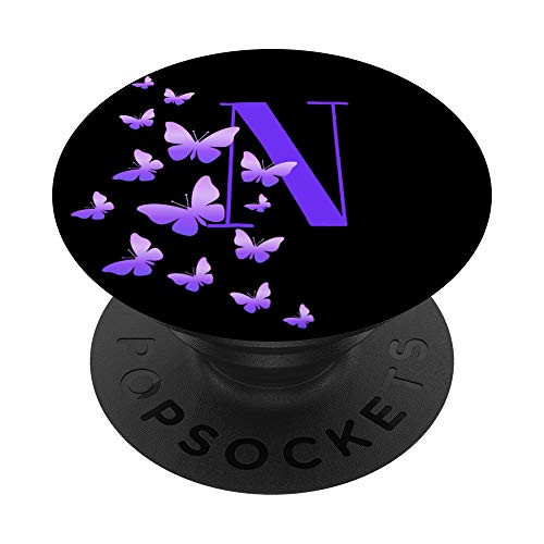 Colorful Ombre Purple Butterflies Lover Gift Black Letter N PopSockets Grip and Stand for Phones and Tablets