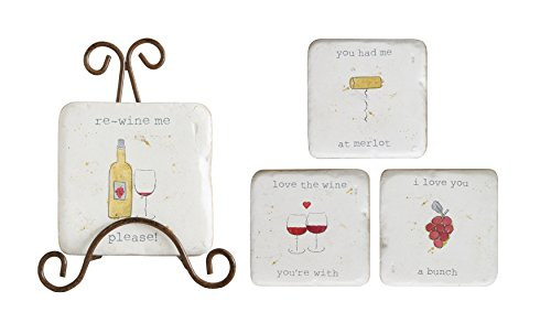 Creative Co-Op DA7215 4 Resin Coasters with Wine Sayings & Metal Easel