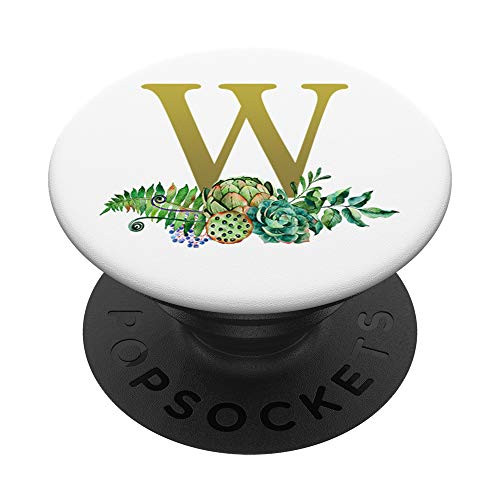 Cactus Succulent Gold Letter W Initial Monogram Floral PopSockets Grip and Stand for Phones and Tablets