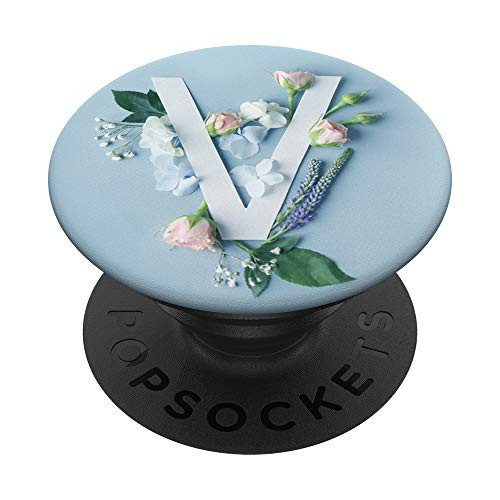 Initial V Monogram Chic Blue Background Floral Letter V PopSockets Grip and Stand for Phones and Tablets