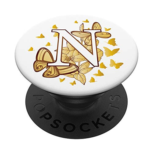Golden Butterflies Butterfly Letter N Initials Monogram PopSockets Grip and Stand for Phones and Tablets
