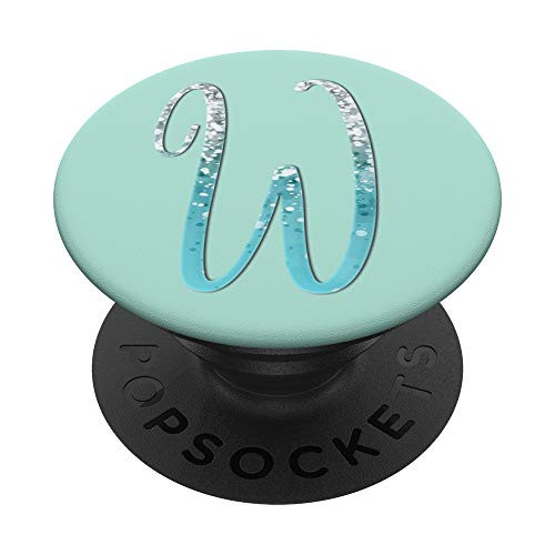Silver Light Blue Initial Letter W On Mint Green PopSockets PopGrip Swappable Grip for Phones  and  Tablets