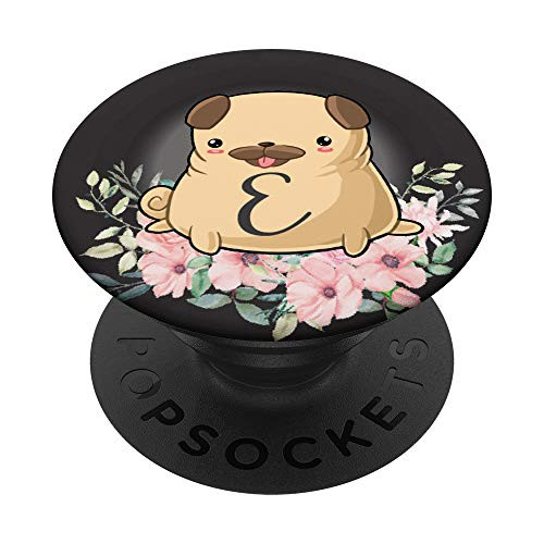 Pug Flowers Black Monogram Name Initial Letter E PopSockets Grip and Stand for Phones and Tablets