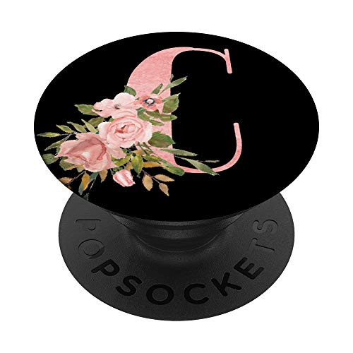 Pink Floral Flowers Black Monogram Initial Letter C PopSockets Grip and Stand for Phones and Tablets