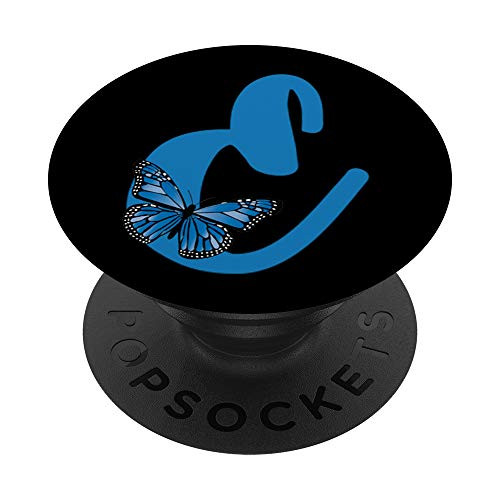 Blue Letter E Alphabet Initial with Butterfly Monogram PopSockets Grip and Stand for Phones and Tablets