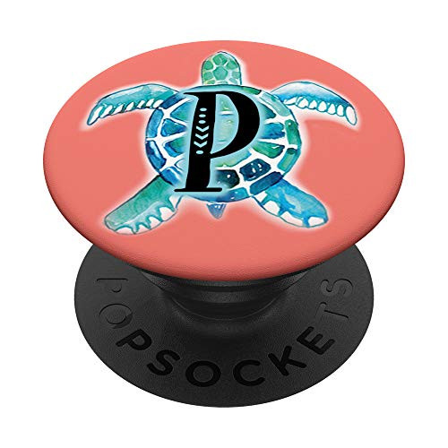 Aqua Teal Sea Turtle Coral Pink Initial Monogram Letter P PopSockets Grip and Stand for Phones and Tablets