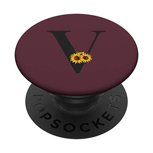 Black Red Wine Monogram Letter V Initial Yellow Sunflower PopSockets PopGrip Swappable Grip for Phones  and  Tablets