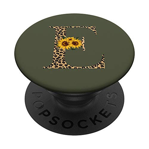 Leopard Animal Print Monogram Letter E Dark Olive Green PopSockets PopGrip Swappable Grip for Phones  and  Tablets