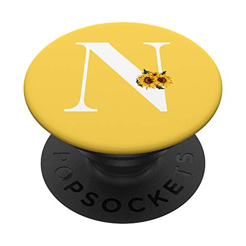 White Mustard Yellow Monogram Letter N Initial Sunflower PopSockets PopGrip Swappable Grip for Phones  and  Tablets
