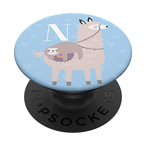 Cute Llama Sloth Gifts Lover Flowers Blue Girls Letter N PopSockets Grip and Stand for Phones and Tablets