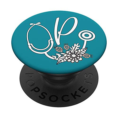 Monogram Initial P - Pretty Nurse Floral Teal Stethoscope PopSockets Grip and Stand for Phones and Tablets