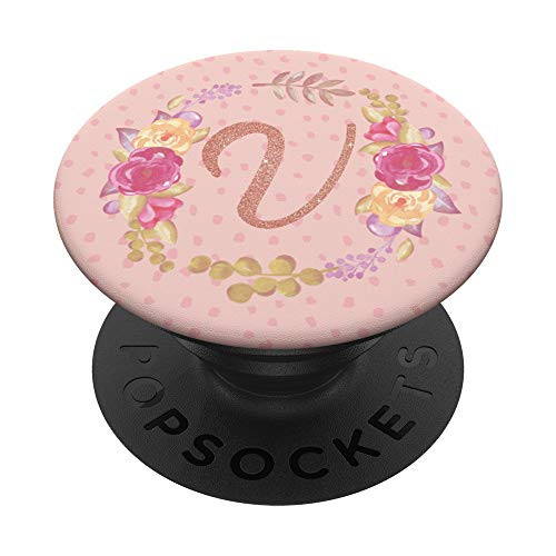 Initial Monogram Letter V Pretty Floral Wreath Cute Alphabet PopSockets Grip and Stand for Phones and Tablets