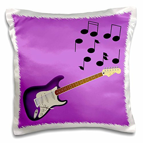 3dRose Purple Sunburst Guitar with musical notes - Pillow Case, 16 by 16-inch (pc_24097_1)