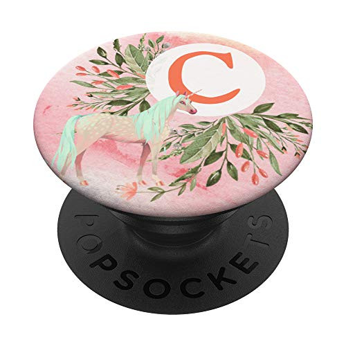 Unicorn Flowers Monogram Initial Letter C Pink Gradient PopSockets Grip and Stand for Phones and Tablets