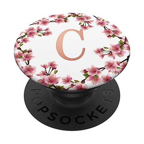 Japanese Cherry Blossom Letter C Initial Monogram Rose Pink PopSockets Grip and Stand for Phones and Tablets