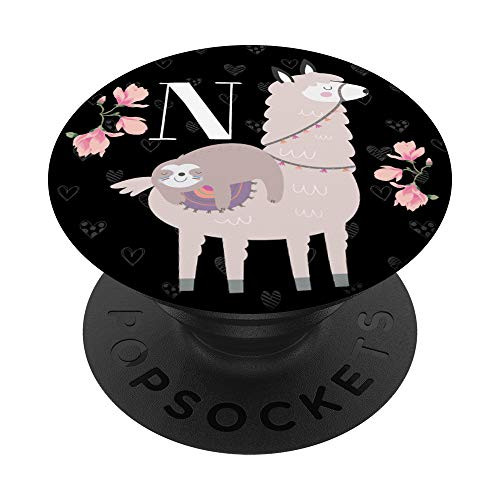 Cute Llama Sloth Gifts Lover Flowers Black Girls Letter N PopSockets Grip and Stand for Phones and Tablets