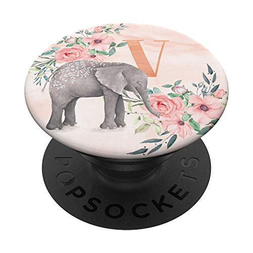 Elephant Rose Watercolor Monogram Name Initial Letter V PopSockets PopGrip Swappable Grip for Phones  and  Tablets