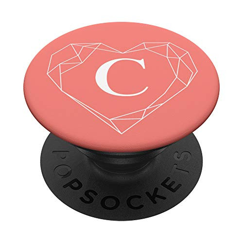Coral Pink White Monogram Letter C Initial Heart Design PopSockets PopGrip Swappable Grip for Phones  and  Tablets
