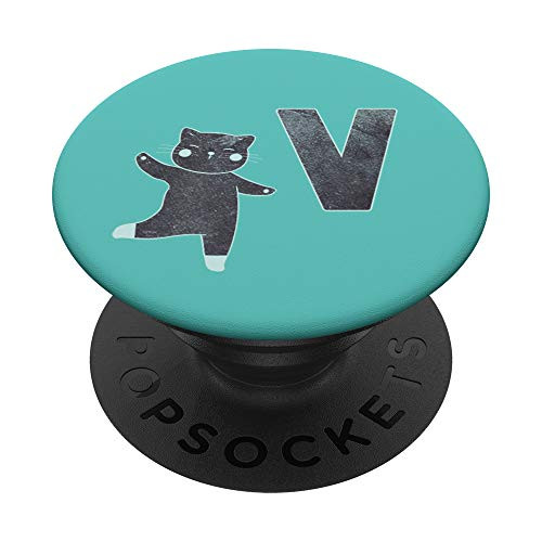 Teal Gray Turquoise Mint Green Cat Monogram Initial Letter V PopSockets Grip and Stand for Phones and Tablets