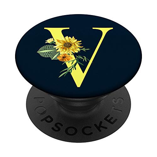 Letter V Sunflower Flower Flora Blossom Yellow on Navy Blue PopSockets PopGrip Swappable Grip for Phones  and  Tablets