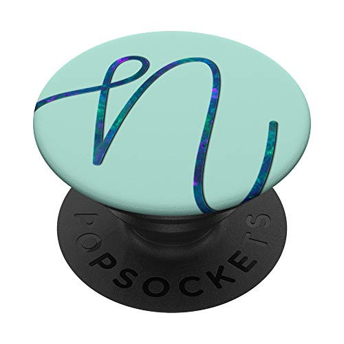 Teal Blue Purple Initial Letter N On Mint Green PopSockets PopGrip Swappable Grip for Phones  and  Tablets