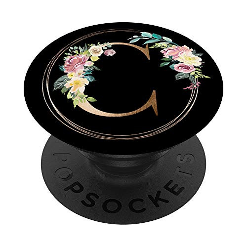 Initial Letter C Monogram Floral Black PopSockets PopGrip Swappable Grip for Phones  and  Tablets