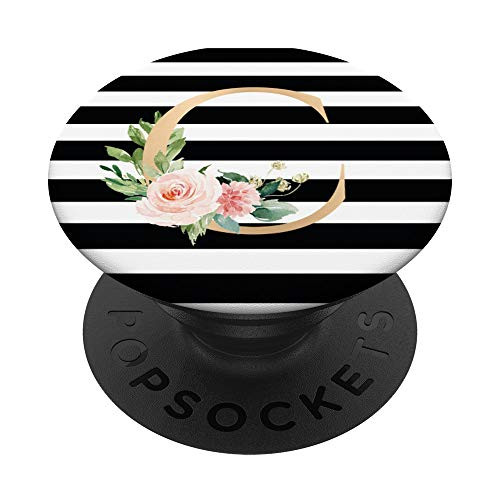 Initial C Black White Stripe Monogram Floral Letters PopSockets PopGrip Swappable Grip for Phones  and  Tablets