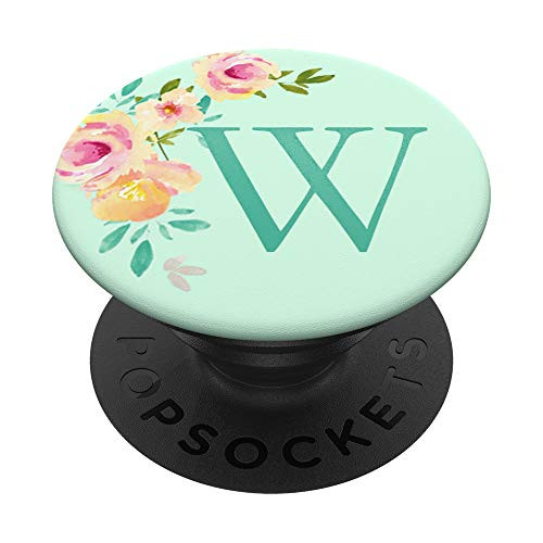 W Initial Monogram Letter Mint Green and Peach Rose PopSockets PopGrip Swappable Grip for Phones  and  Tablets