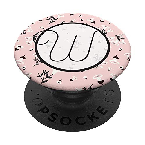 Letter W Initial Monogram Floral Modern Pink Black Pattern PopSockets Grip and Stand for Phones and Tablets