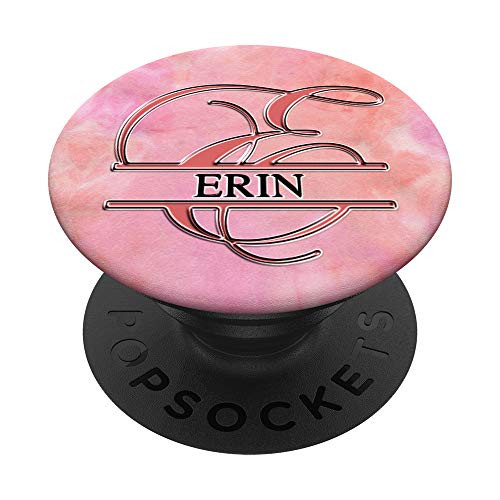 ERIN Name Black  and  Letter E Monogram on Rose Pink PopSockets Grip and Stand for Phones and Tablets