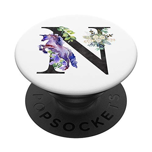 Initial N Letter Flowers Unicorn Watercolor Monogram - N PopSockets Grip and Stand for Phones and Tablets