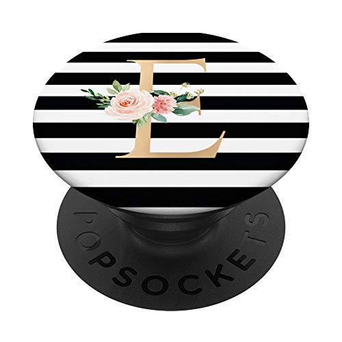 Initial E Black White Stripe Monogram Floral Letters PopSockets Grip and Stand for Phones and Tablets