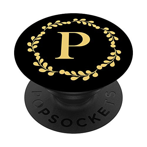 Sunflower Yellow Black Eucalyptus Monogram Letter P Initial PopSockets PopGrip Swappable Grip for Phones  and  Tablets