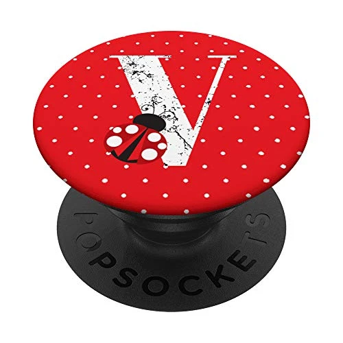 Ladybug Monogram Letter V On Red And White Polka Dots PopSockets Grip and Stand for Phones and Tablets