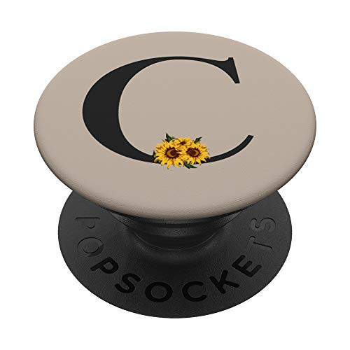 Taupe Monogram Letter C Yellow Sunflower Floral Black PopSockets PopGrip Swappable Grip for Phones  and  Tablets