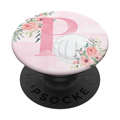 Volleyball Pink Flowers Monogram Name Initial Letter P PopSockets Grip and Stand for Phones and Tablets