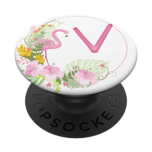 Floral Flamingo Letter V Initial Monogram PopSockets Grip and Stand for Phones and Tablets