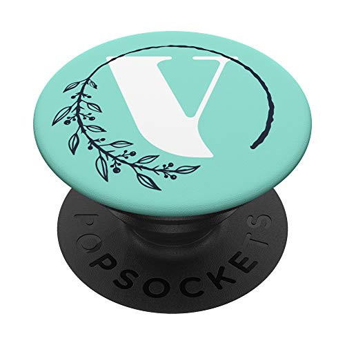 Mint Floral Monogram Letter V First Initial White with Navy PopSockets PopGrip Swappable Grip for Phones  and  Tablets