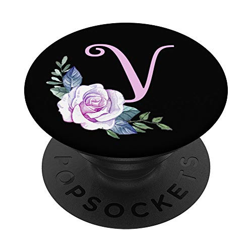 V Initial Rose Monogram Letter Pink Floral Roses Black PopSockets Grip and Stand for Phones and Tablets