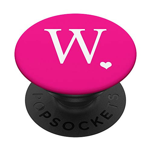 White Initial Letter W heart Monogram on Hot Pink PopSockets Grip and Stand for Phones and Tablets