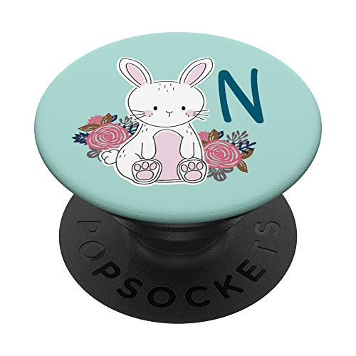 Cute Bunny Lover - Rabbit with Flowers - Monogram Letter N PopSockets Grip and Stand for Phones and Tablets