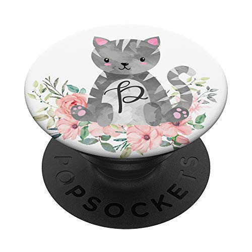Gray Cat Cute Kitty Pink Flowers Monogram Initial Letter P PopSockets Grip and Stand for Phones and Tablets