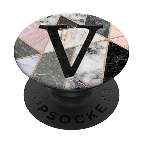 Black letter V on Rose pink Gray White PopSockets PopGrip Swappable Grip for Phones  and  Tablets